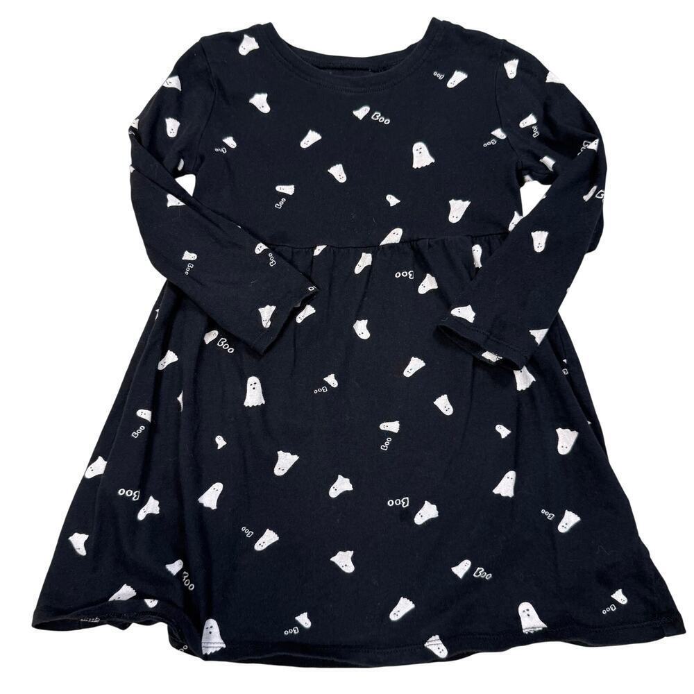 Old Navy Girls Long Sleeve Halloween Ghost Dress Black White Boo Print Size 3T